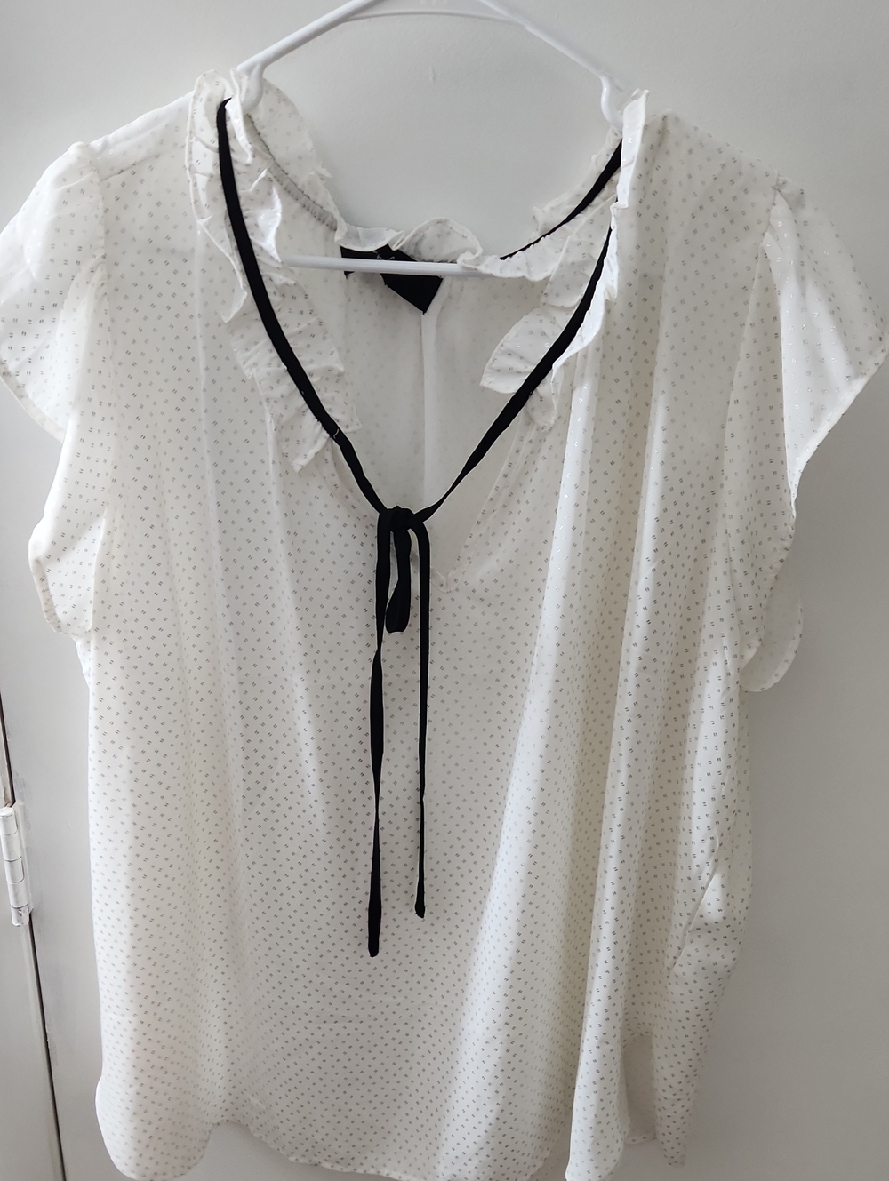 White Polka-Dot Tie-Neck Ruffled Blouse with Black Trim